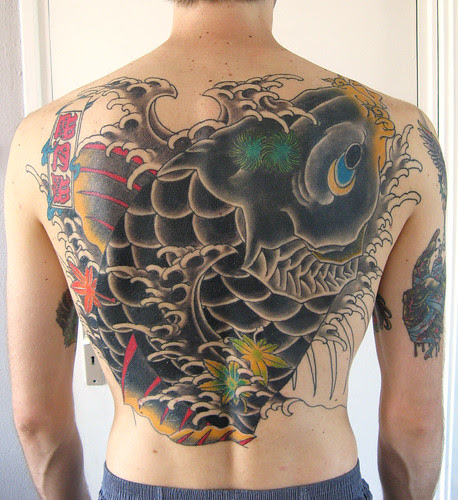 Full Back Tattoo,Black Koi Fish