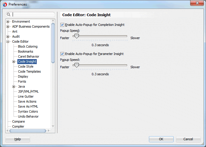 Preferences dialog with Code Insight selected in left-hand pane: in right-hand pane, scroll bar for speeding up or slowing the time taken for Code Insight to pop up with assistance.