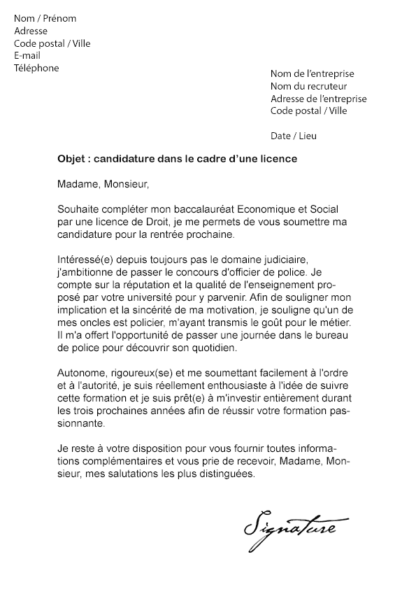 Lettre de motivation pour une Licence - Modèle de Lettre