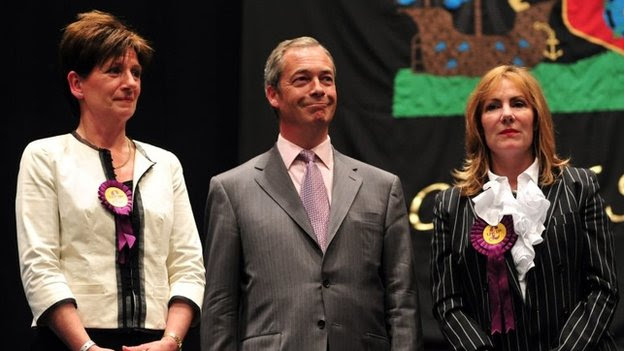 Nigel Farage in Southampton after the vote results are announced, with fellow UKIP Euro candidates in the South East Diane James (left) and Janice Atkinson