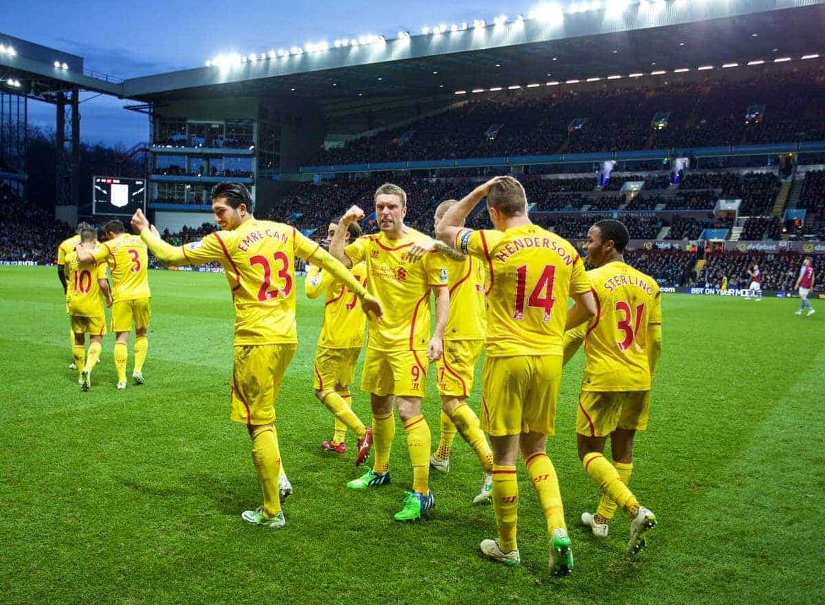 BIRMINGHAM, ENGLAND - Saturday, January 17, 2015: Liverpool's Rickie Lambert celebrates scoring the second goal against Aston Villa with the travelling supporters during the Premier League match at Villa Park. (Pic by David Rawcliffe/Propaganda)