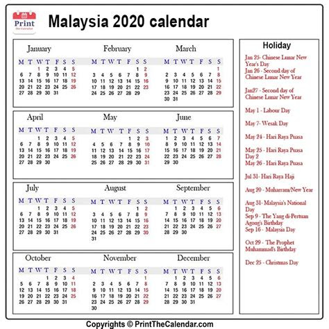  malaysia holidays 2020 2020 calendar with malaysia holidays