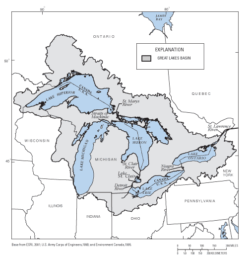 Location of the Great Lakes Basin in the United States and Canada.