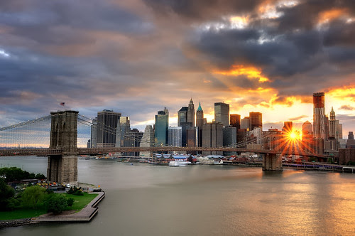 Sunset over the Brooklyn Bridge and Lower Manhattan, New York City
