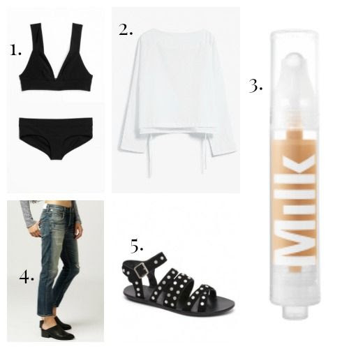 And Other Stories Bikini - Camilla Blouse - Milk Makeup Foundation - Citizens of Humanity Jeans - Loeffler Randall Sandals