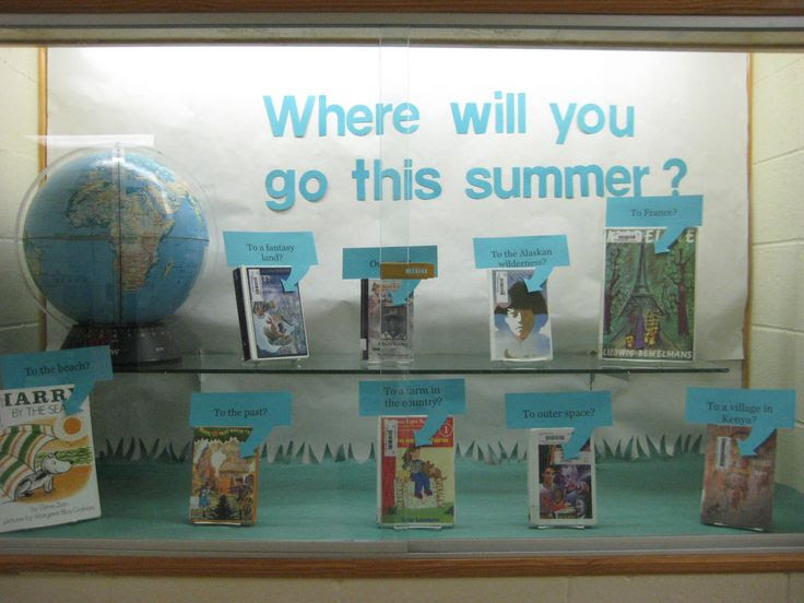 An end of school year library display.  Books were placed in there with the "destination" or where the reader will go when they read the book over their summer vacation.