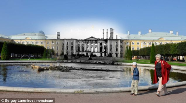 Destruction: 21st Century youngster stares at the destroyed Dubovy Fountain, Peterhof, in 1943