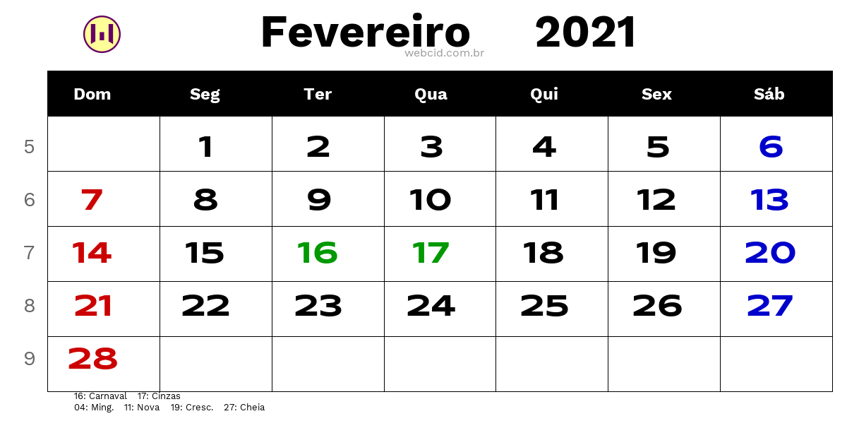 Calendário de fevereiro de 2021 com feriados nacionais ...
