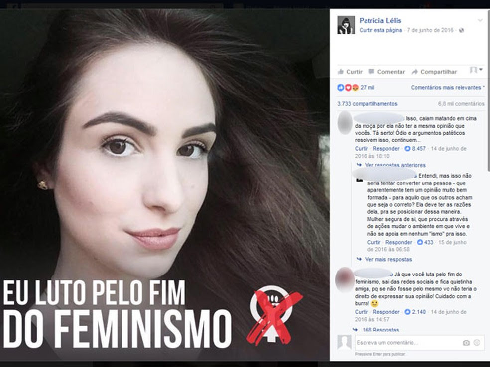 No mesmo site há uma foto do ano passado na qual Patrícia parecia defendendo o fim do feminismo (Foto: Reprodução/Facebook)