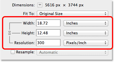 The Width, Height and Resolution options in the Image Size dialog box. Image © 2013 Photoshop Essentials