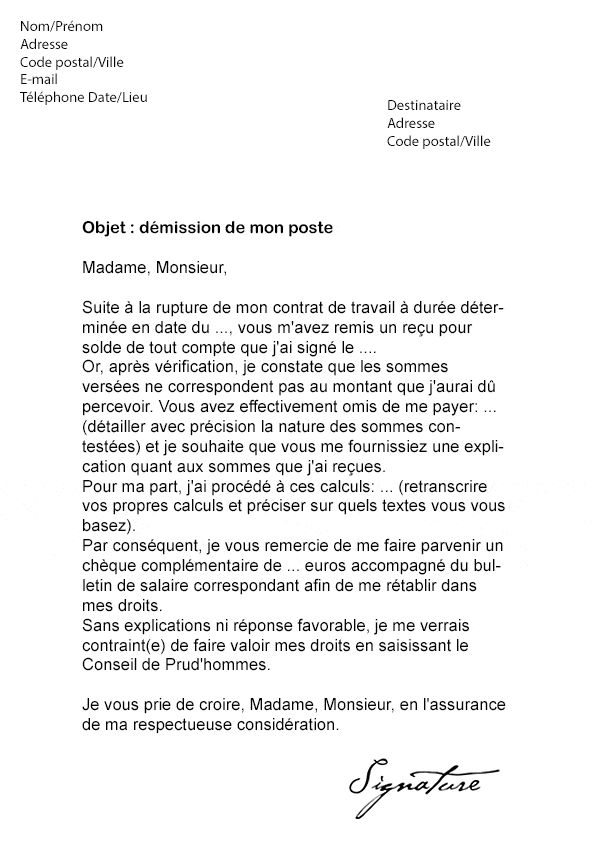 Lettre de démission (CDD) - Contestation solde de tout 