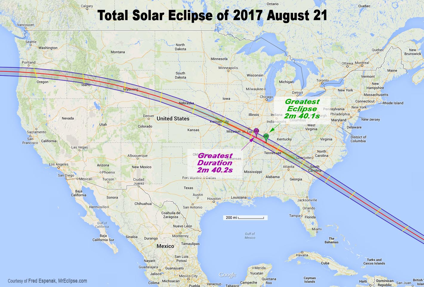 Map showing the path of the the August 21, 2017 total solar eclipse ...