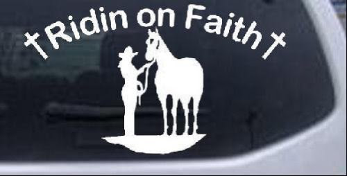 White 40in X 23.3in -- Ridin on Faith Cowgirl and Horse Christian Car Window Wall Laptop Decal Sticker On Sale