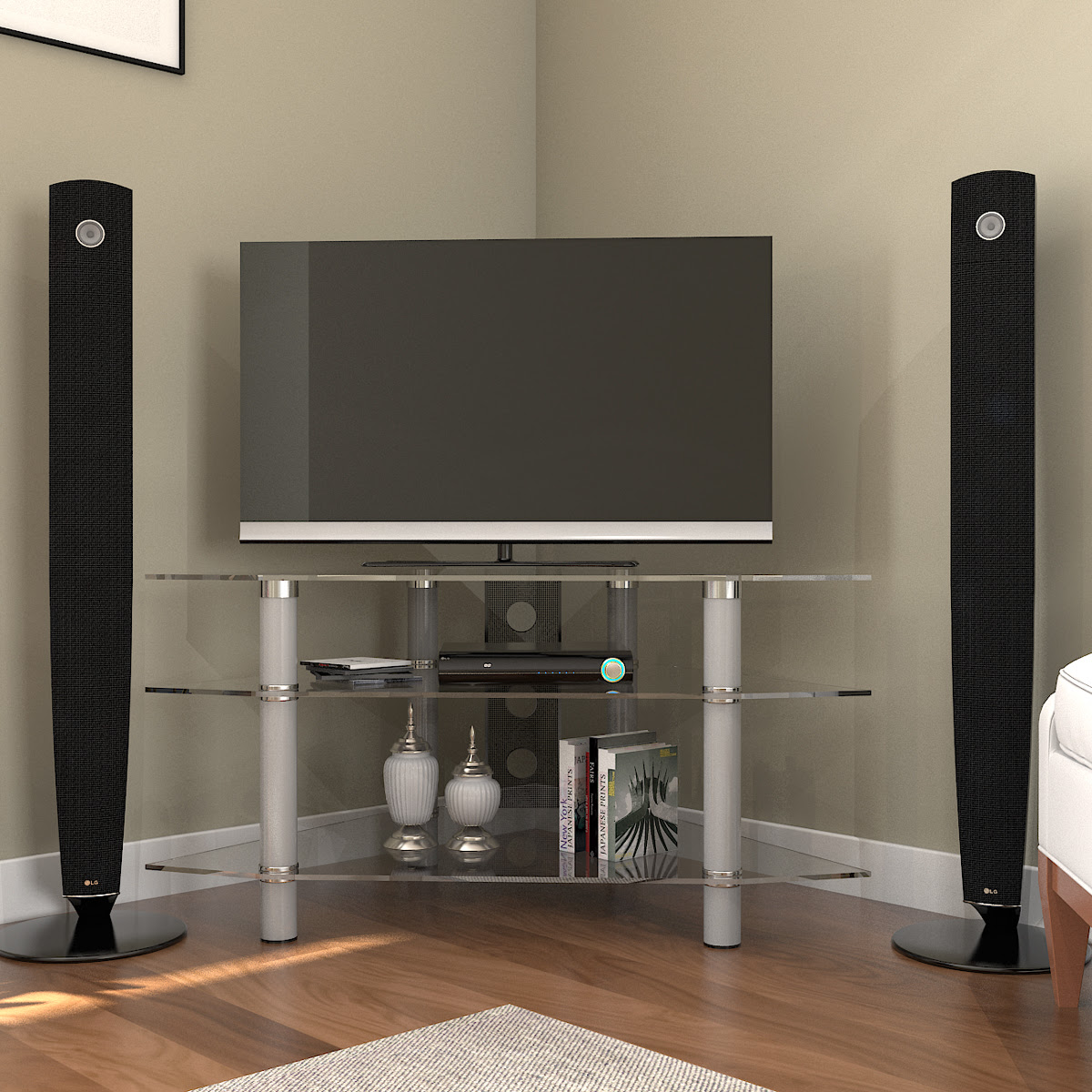 Ruby 44 Inch Corner Glass TV Stand Silver and Clear Glass ...