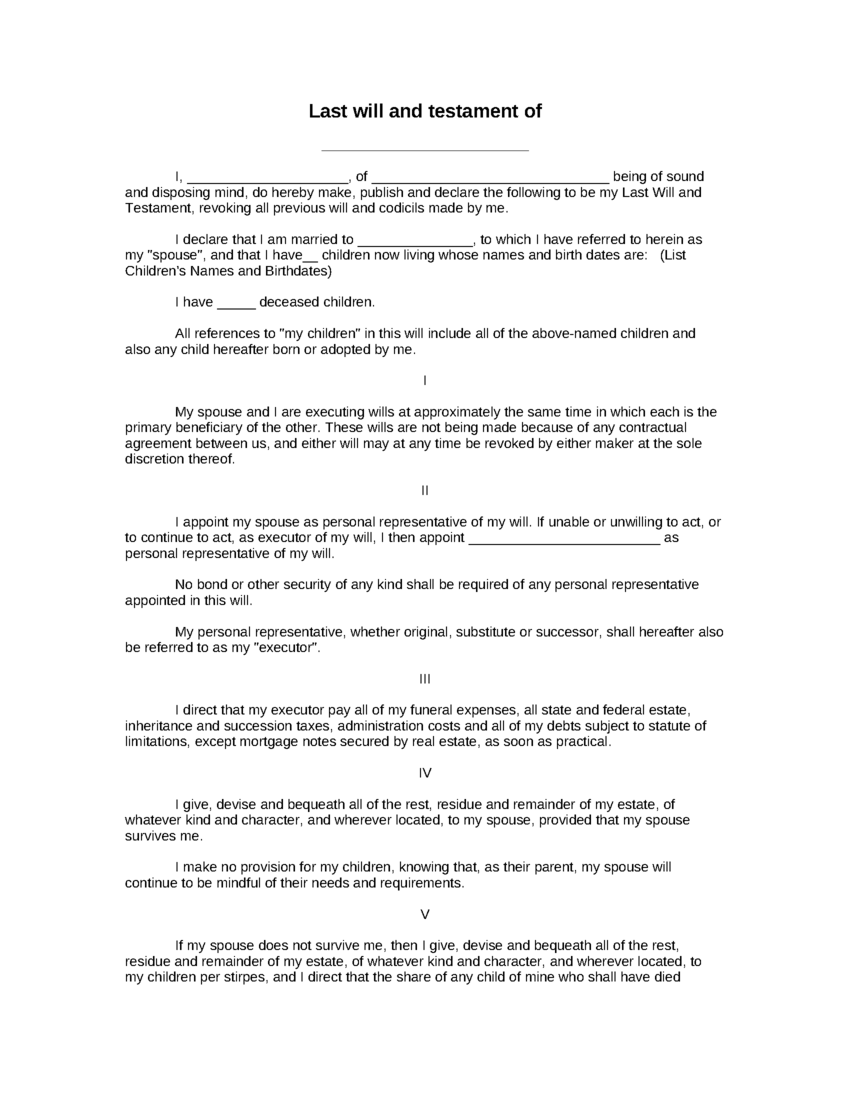 Last Will And Testament Free Printable Documents
