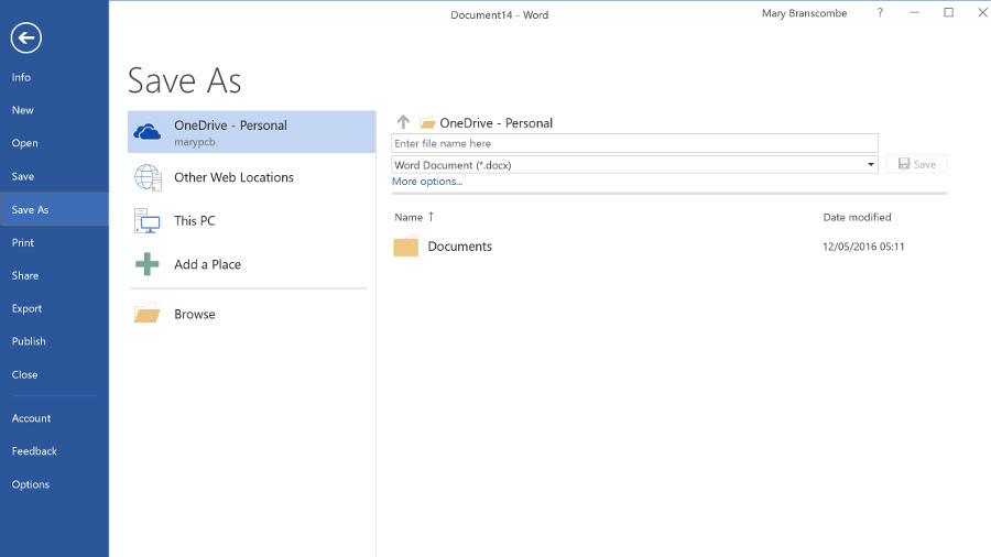 OneDrive in office 2016