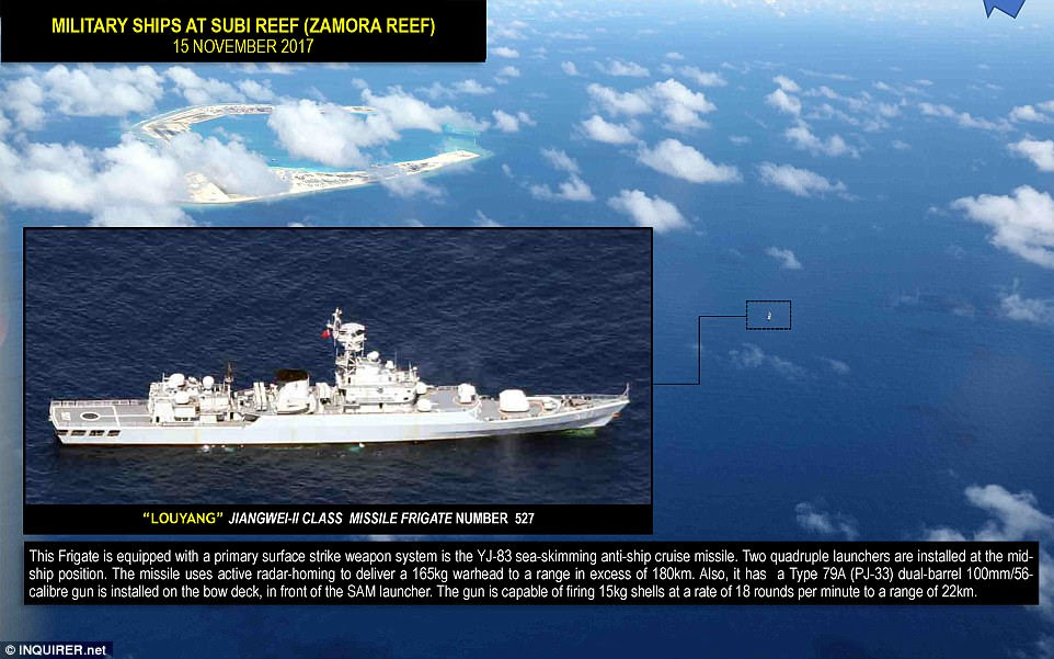 Military ships have been pictured at Zamora Reef, including a frigate equipped with a primary surface strike weapon