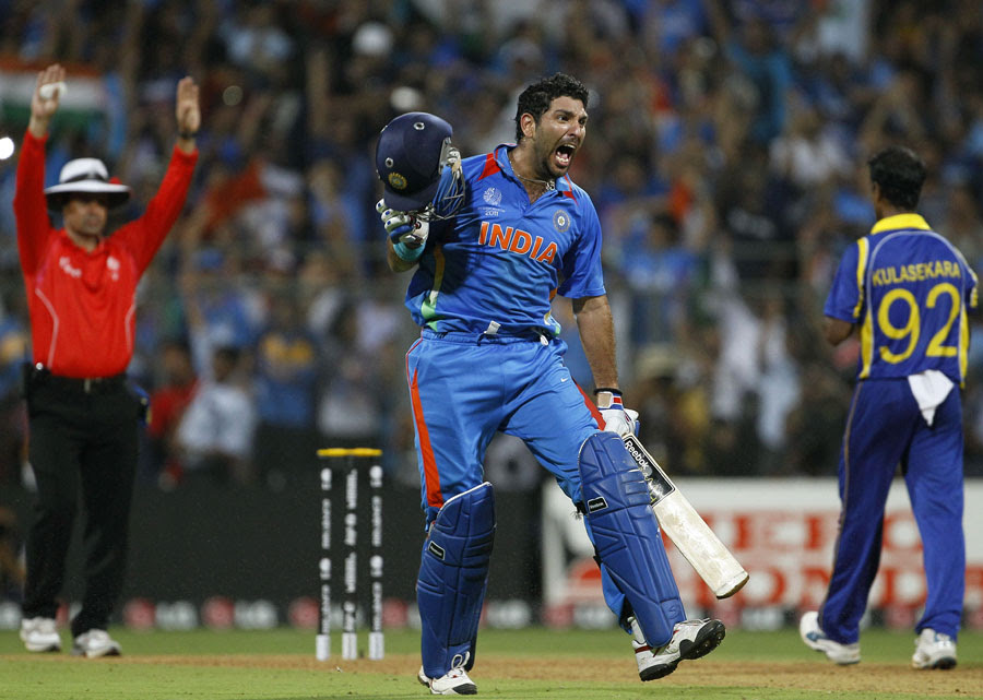 Yuvraj Singh roars as umpire Aleem Dar signals the winning six