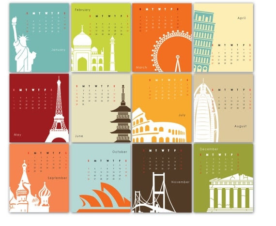 Printable Calendar 2014 - Landmark Architecture, Building Silhouettes, travel destinations - colorful illustrations
