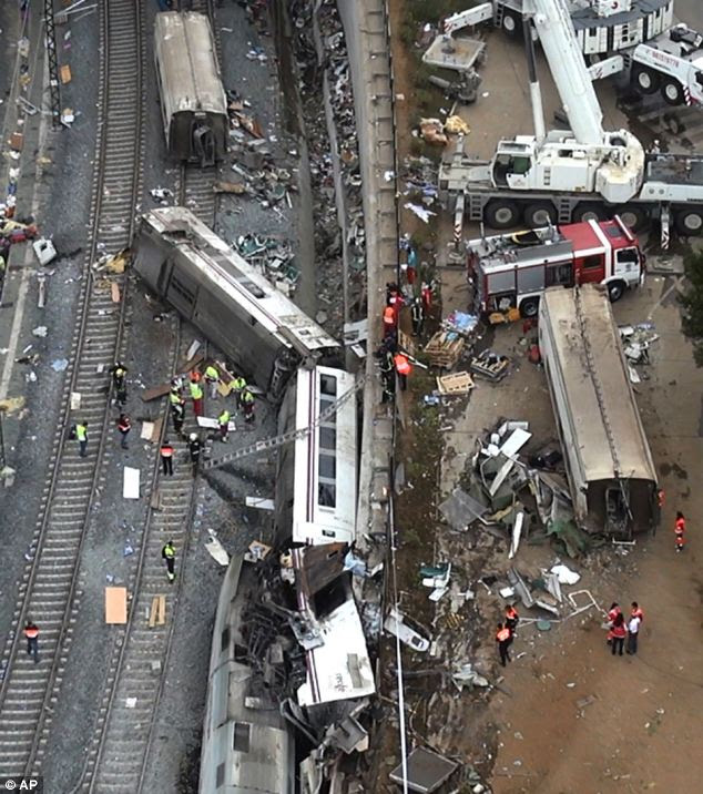 Accident: The train jumped the tracks on a bend just before arriving in the northwestern shrine city of Santiago de Compostela