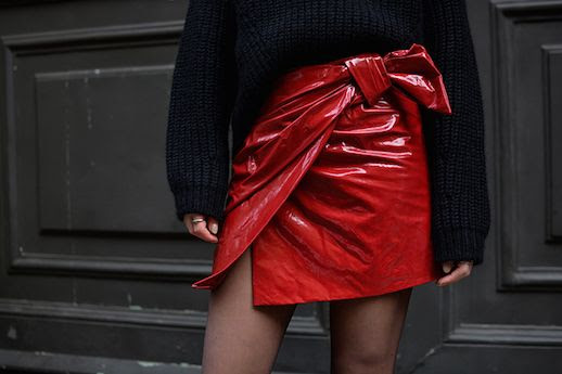 Le Fashion Blog Tie Waist Patent Leather Red Skirt Black Chunky Sweater Via Fashion Vibe 