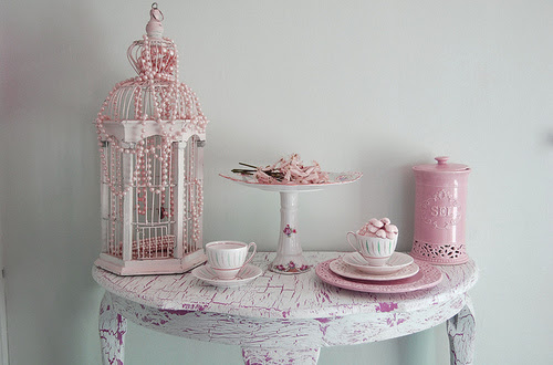 birdcage, cup, cute, pears, pink, table, tea
