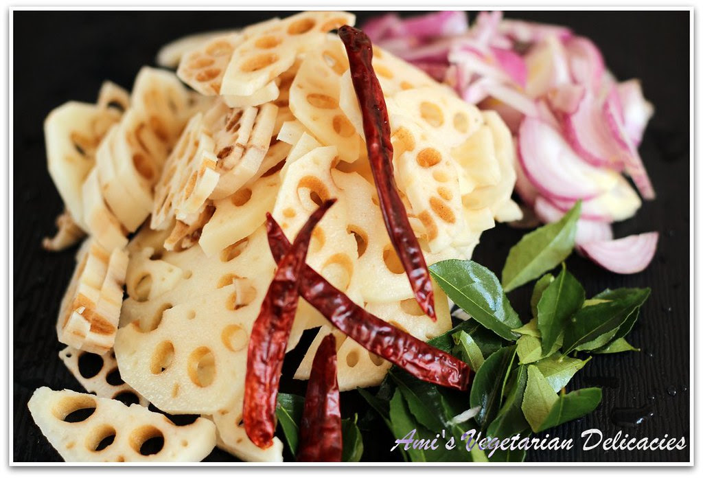 Sliced Lotus Root and other ingredients for stir-fry