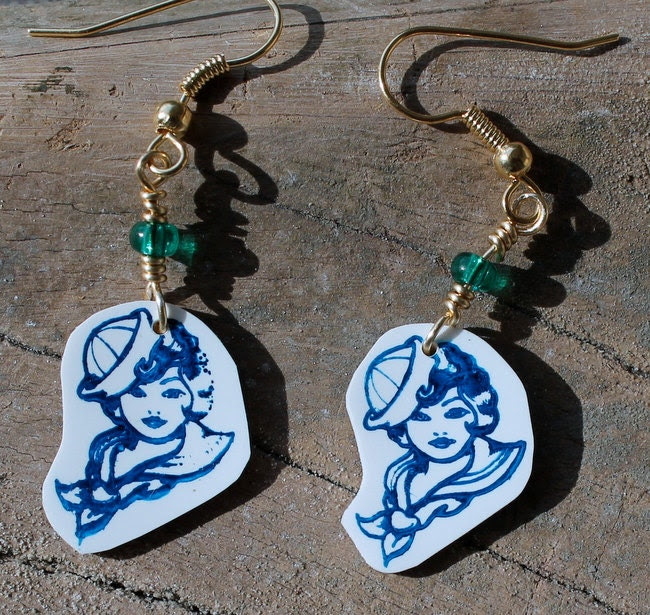 Blue Pin Up Girl Sailor Jerry Tattoo Nautical Earrings Retro Hypoallergenic - StalkingTheWildSnark