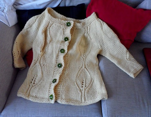 Modern Garden Cardi Debbie Bliss Como Yellow leaf lace knitting