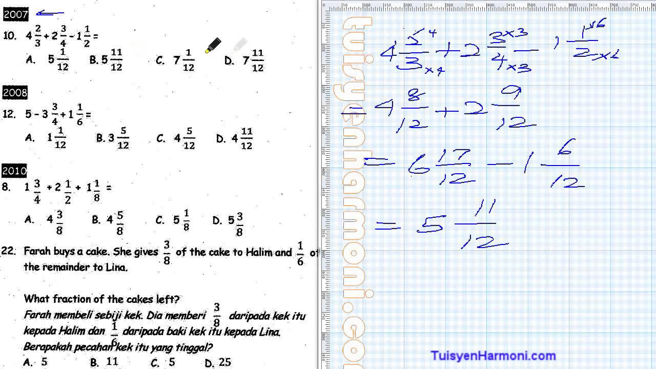 Soalan UPSR Sebenar Math : Pecahan Tahun 6 - YouTube