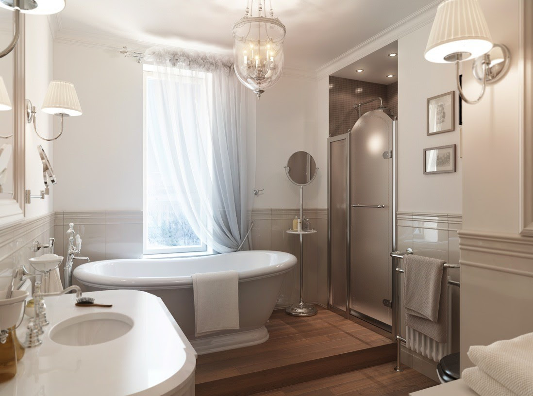 Gray white traditional bathroom Interior Design Ideas.