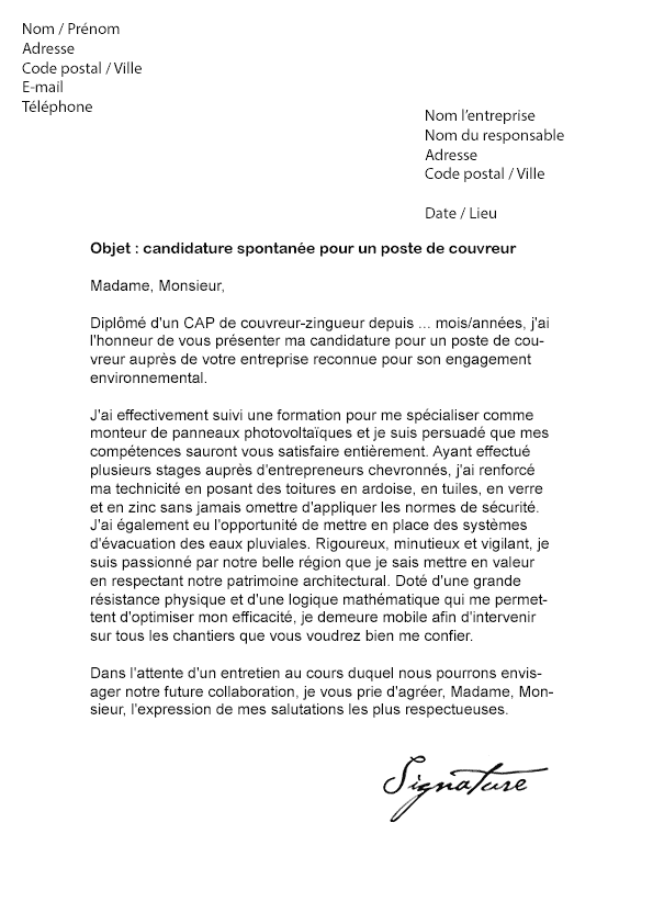 Lettre de motivation Couvreur - Modèle de Lettre