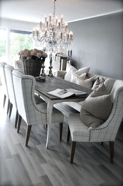 grey rustic dining table  beautiful fabric chairs