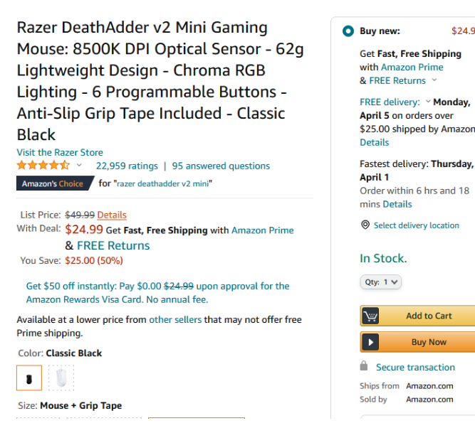Razer 炼狱蝰蛇v2 Mini 游戏鼠标海淘降至5折价 24 99 爱淘转运
