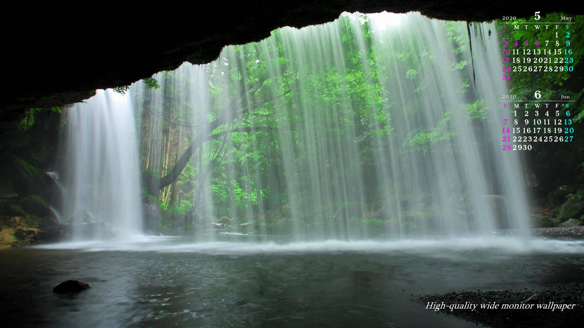 鍋ヶ滝 裏見滝 をモチーフにしました年5月6月のカレンダー付きワイドモニター高画質壁紙 19 1080 アスペクト比１６ ９鍋ヶ滝 裏見滝 自然風景 鍋ヶ滝 裏見滝 花 山野草