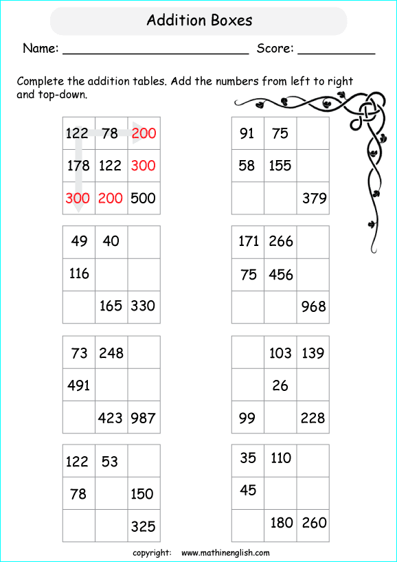 Addition of 3 digit numbers in addition squares math addition worksheet ...