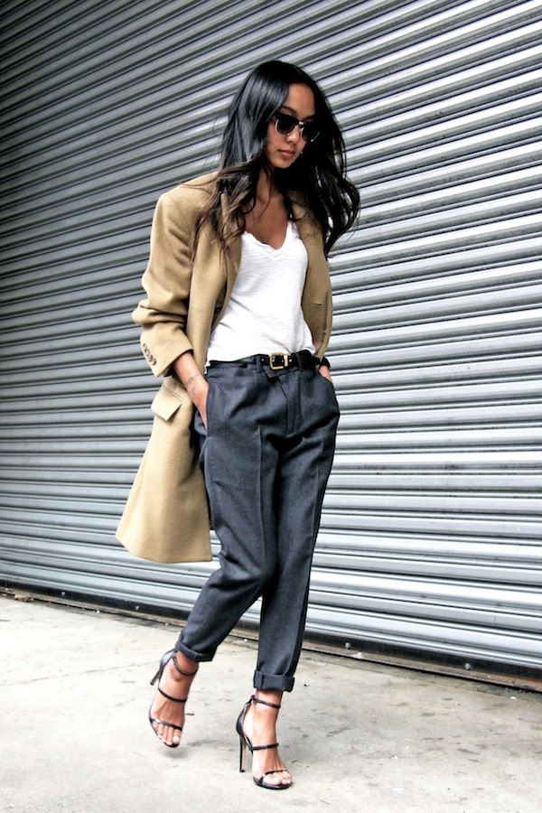 Le Fashion Blog Fall Work Style Office Look Camel Blazer White Tee Leather Belt Grey Trousers Strappy Buckled Heeled Sandals Via Linh Niller