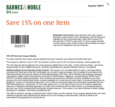 Barnes & Noble 15% off One Item Printable Coupon - al.com