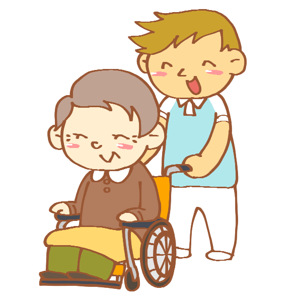 車いすを押す男性介護士のイラスト かわいいフリー素材が無料のイラストレイン