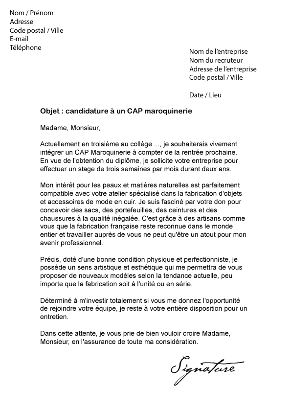 Lettre de motivation CAP Maroquinerie - Modèle de Lettre