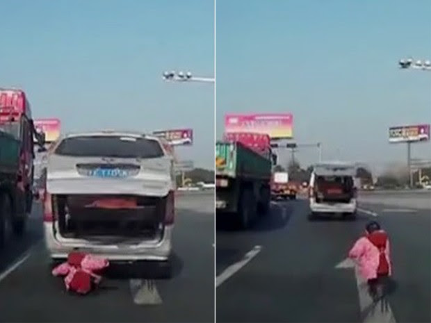Vídeo mostra criança de dois anos caindo de van e caminhando em estrada na China (Foto: Reprodução/CCTV)