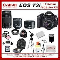 Canon EOS Rebel T3i 3 Lens Pro Kit Featuring Canon 18-55mm IS Lens + Canon EF 75-300mm III Lens + Canon Normal EF 50mm f/1.8 II Autofocus Lens, Also Includes: 0.45x High Definition Wide Angle Lens & 2x Telephoto HD Lens, 16GB SDHC Memory Card & Reader, Dedicated Shoe Mount Flash, Replacement LP-E8 Battery, Deluxe Backpack and Much More...