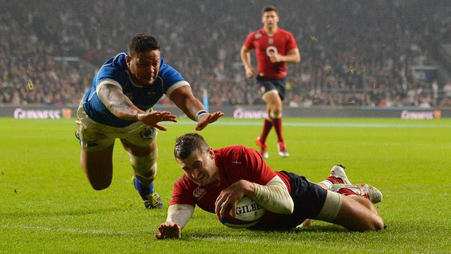 England's Jonny May scores his second try against Samoa at Twickenham