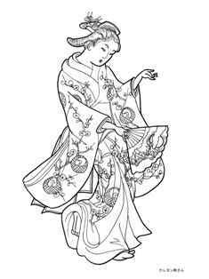 梅 鶴の柄の着物で踊る女性の塗り絵ー西川祐信の浮世絵 大人の塗り絵ー無料新着ぬりえ