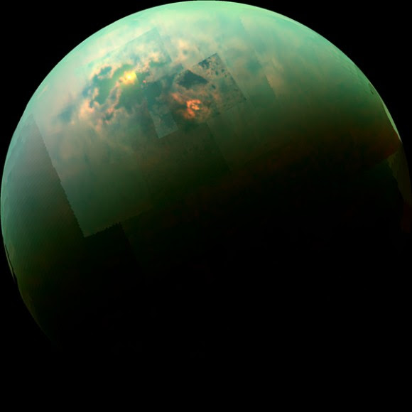 In this near-infrared global mosaic of Titan, sunglint and the moon's polar seas are visible above the shadow. Credit: NASA/JPL-Caltech/University of Arizona/University of Idaho