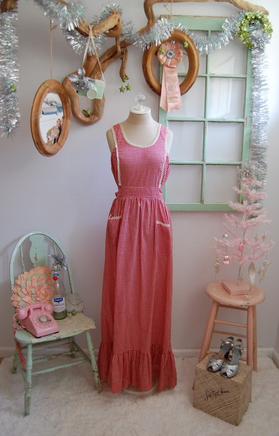 The Delilah- Vintage 1950s Popovers by Lanz Gingham Crocheted Ruffle Dress Size Medium