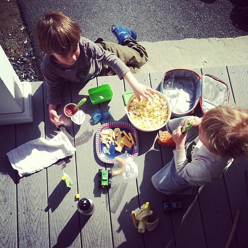 Having a snack out on the porch.