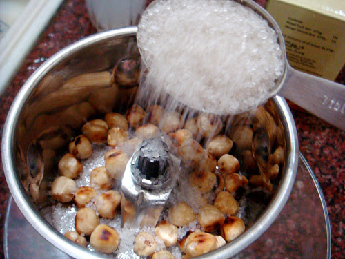 Pulsing hazelnuts and sugar