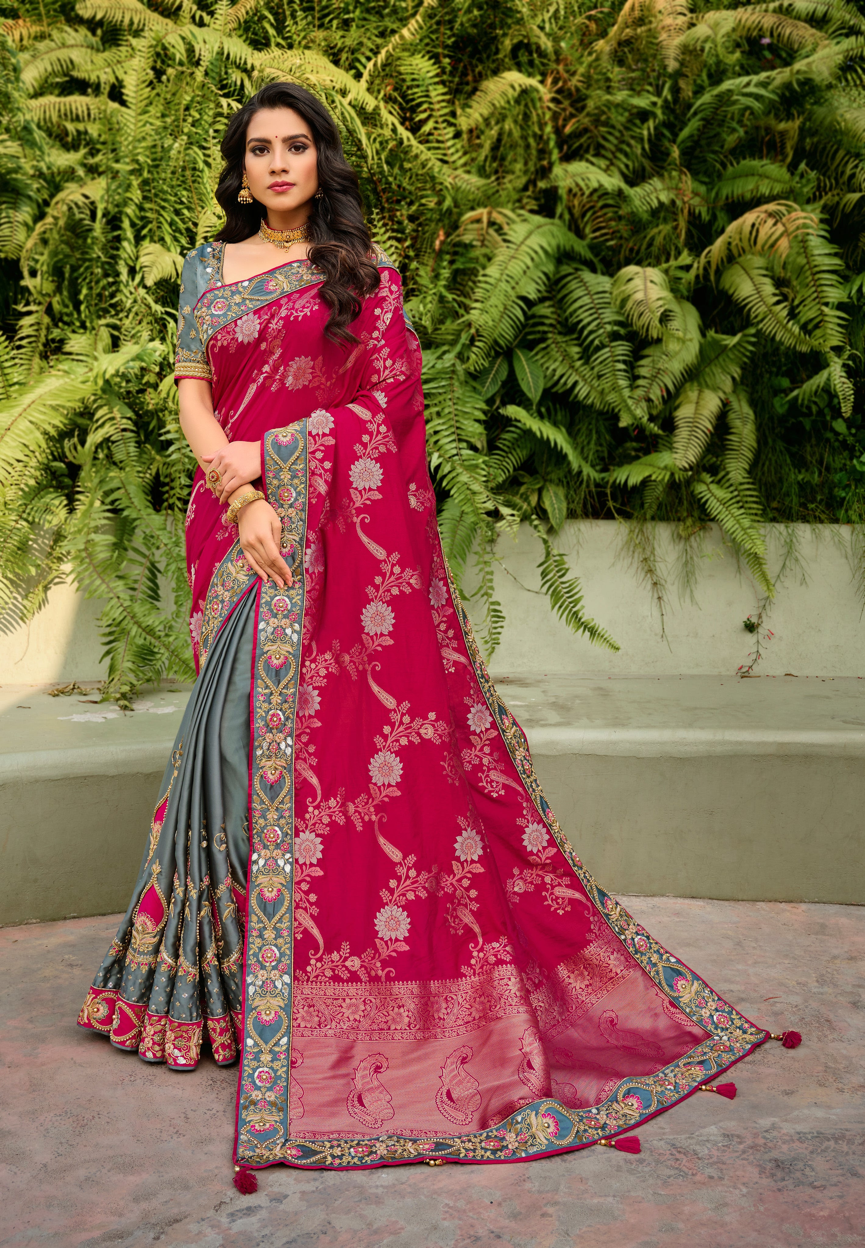 Pink And Grey Half N Half Silk Sarees Online Indian Dresses
