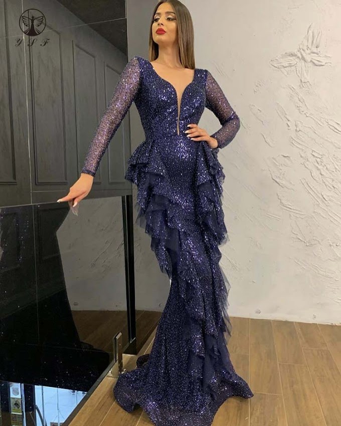 Sexy Illusion Deep V Neck Long Sleeve Floor Length Bling Bling Mermaid
Prom Dresses 2020